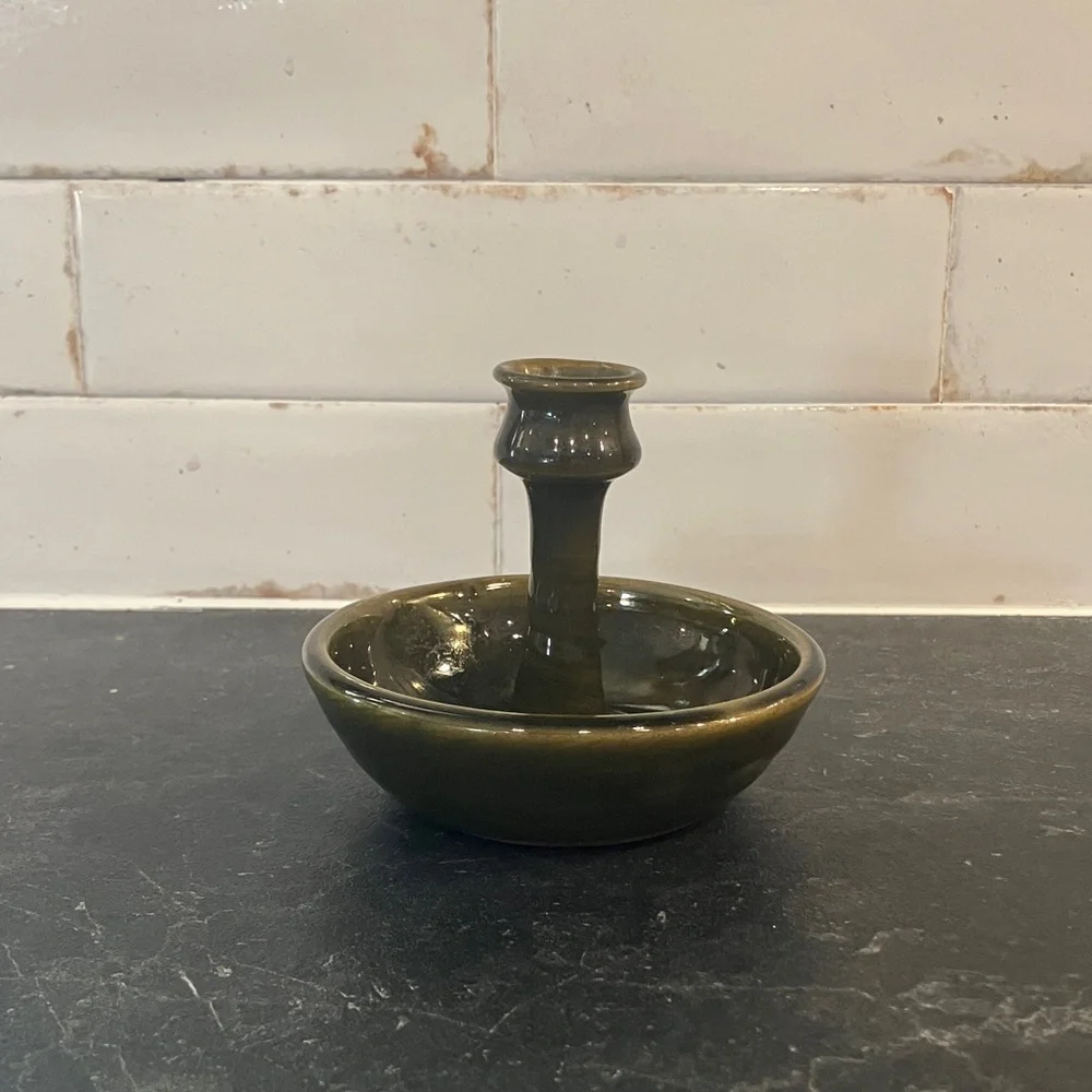 Vintage Green Glazed Ceramic Candlestick Holder Cottagecore Farmhouse Decor